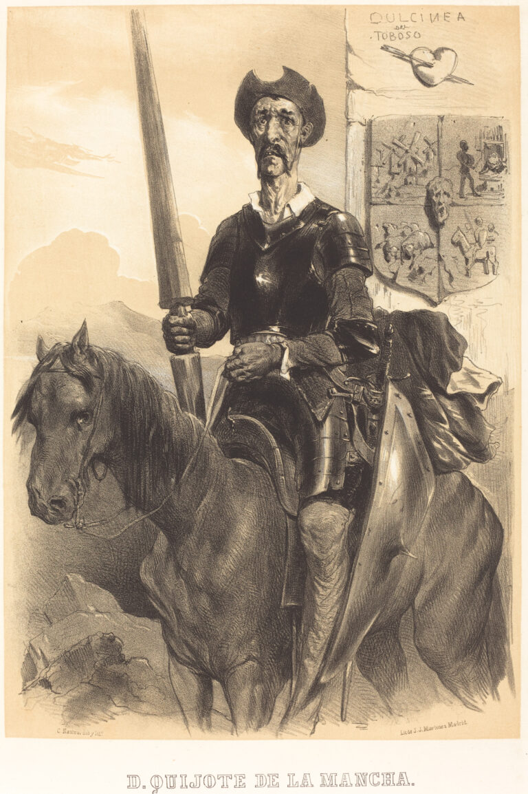 desenho em sépia de dom quixote mostrano um homem magro sentado em um cavalo esquálido enquanto segura uma lança