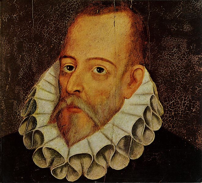 pintura de Miguel de Cervantes mostrando um homem branco com um colarinho de rendas no pescoço
